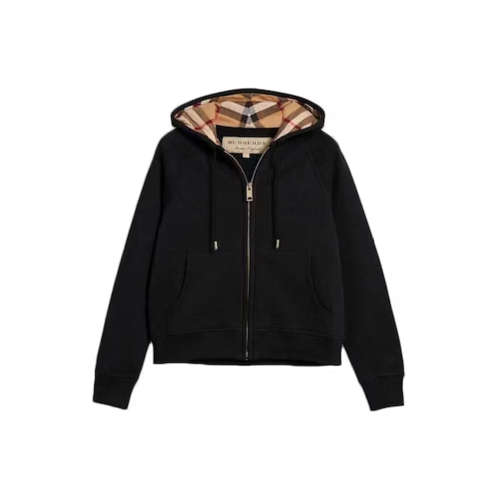 Burberry Zip Up Hoodie With Check Hood Black/Brich Brown